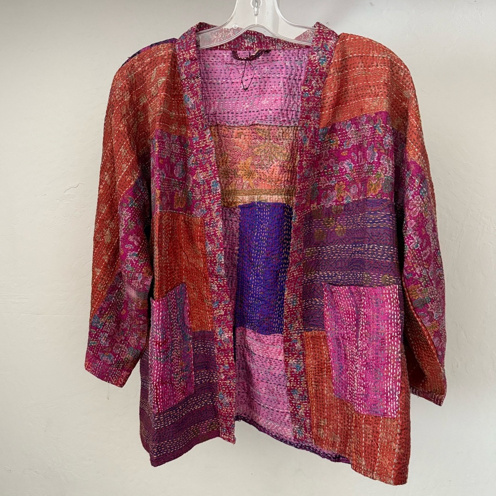 Vibrant Indian Silk Kantha Kimono Jacket